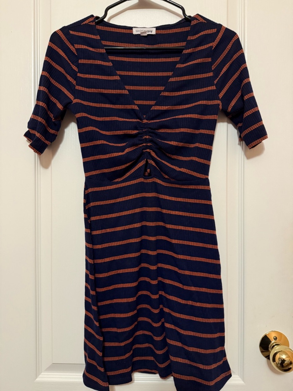 Striped Navy and Orange V-Neck Ruched Mini Dress